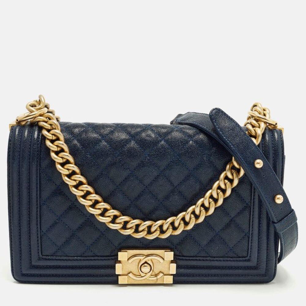 Chanel Boy Medium Dark Blue Quilted Caviar Leather Flap Bag